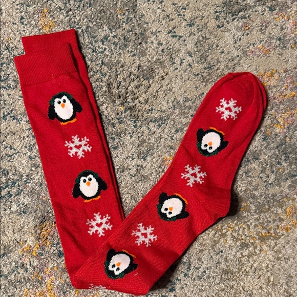 Christmas Holiday Red Penguin and Snowflake Over the Knee Socks - Picture 1 of 4